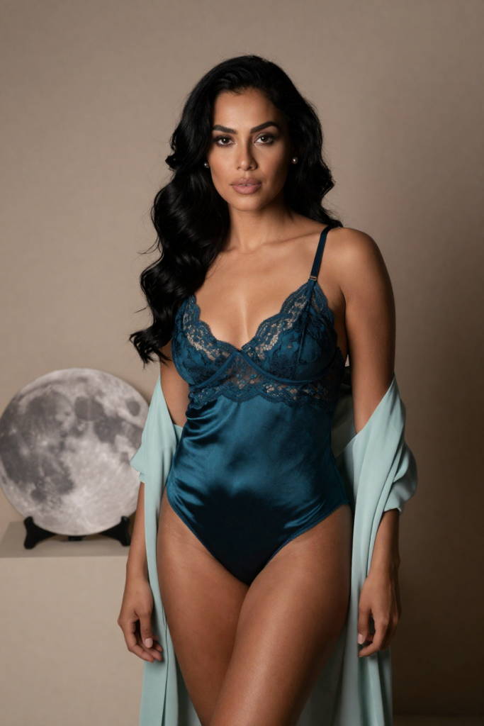 ChuhaiYue muse with glossy black waves in deep teal satin and lace, beside a plain moon disc