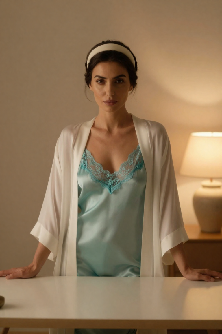 ChuhaiYue muse in a mint silk slip dress with teal lace and an ivory robe, at an empty desk